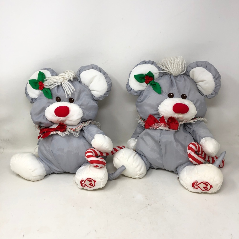Vintage Fisher Price Christmas Mouse Plush Grey Holding Candy Cane Set 1987